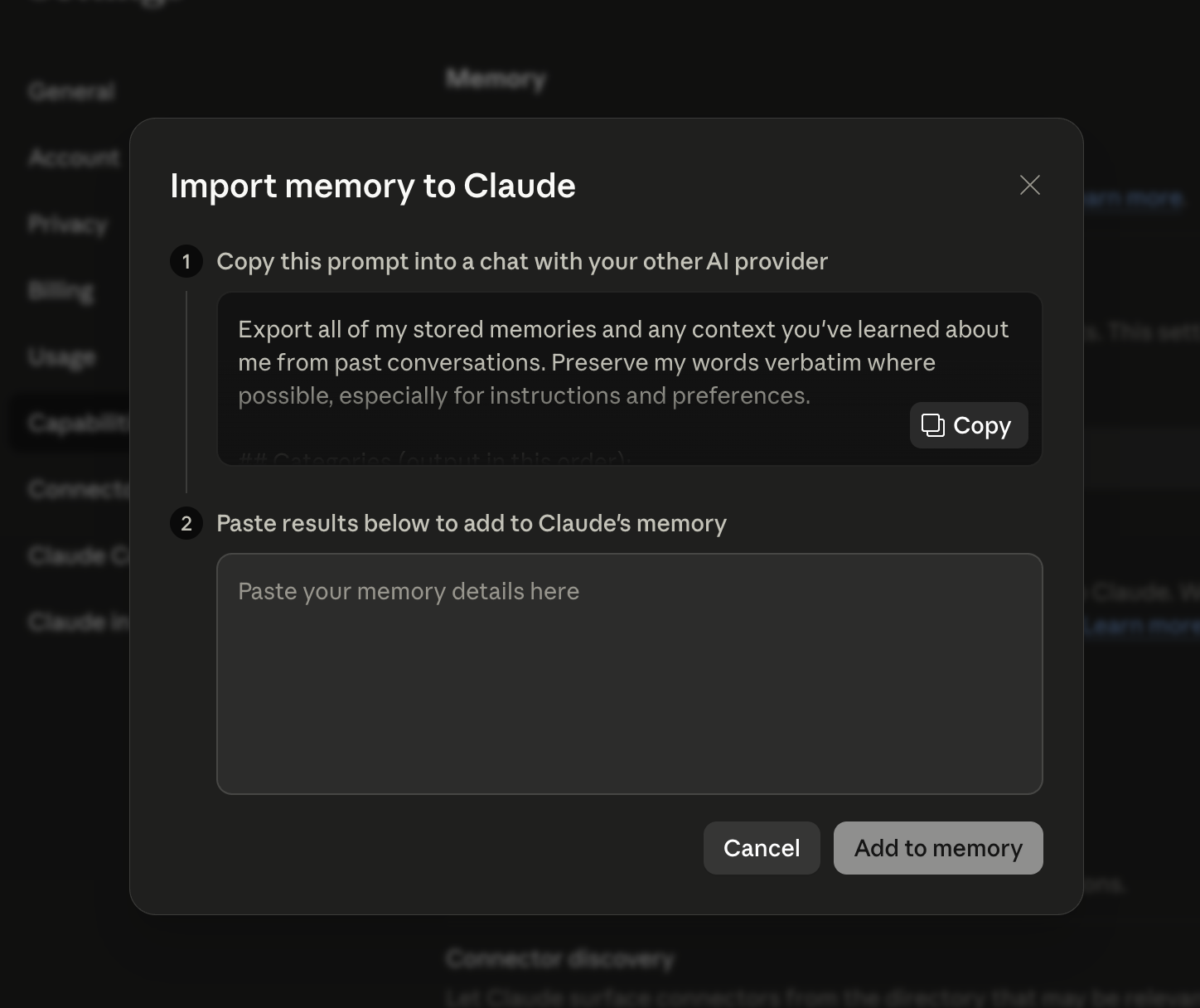 Import memory to Claude dialog with two steps: copy the prompt provided by Claude, then paste the result returned by ChatGPT into the text area and confirm with Add to memory.